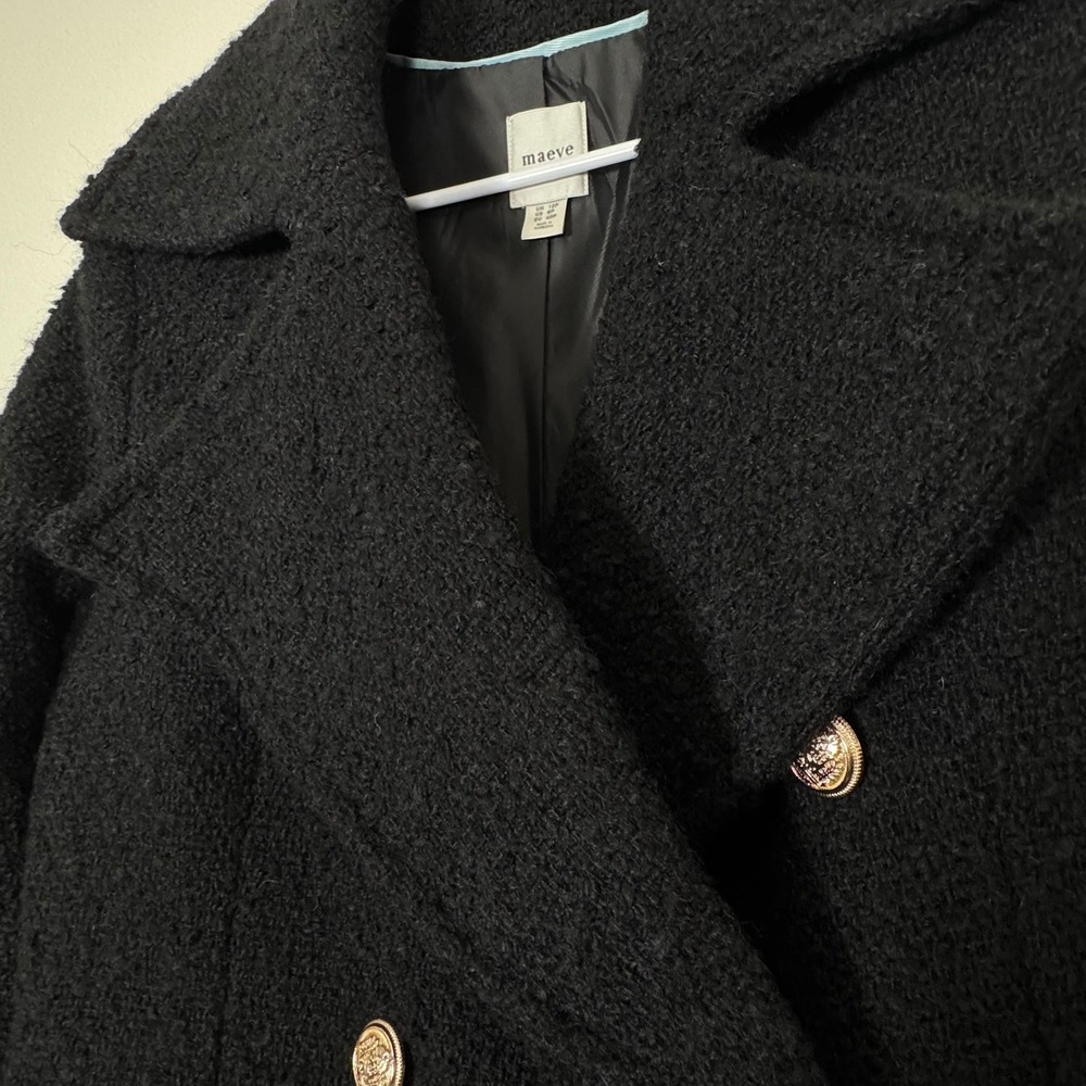 Maeve Black Double Breasted Tweed Coat Maxi Womens 8P Classic Dark Academia Chic - Picture 6 of 12